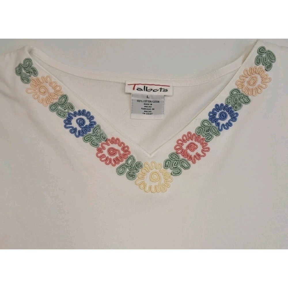 Talbots Embroidered Top Womens L White V- Neck Pastel Accent Cotton Cottage